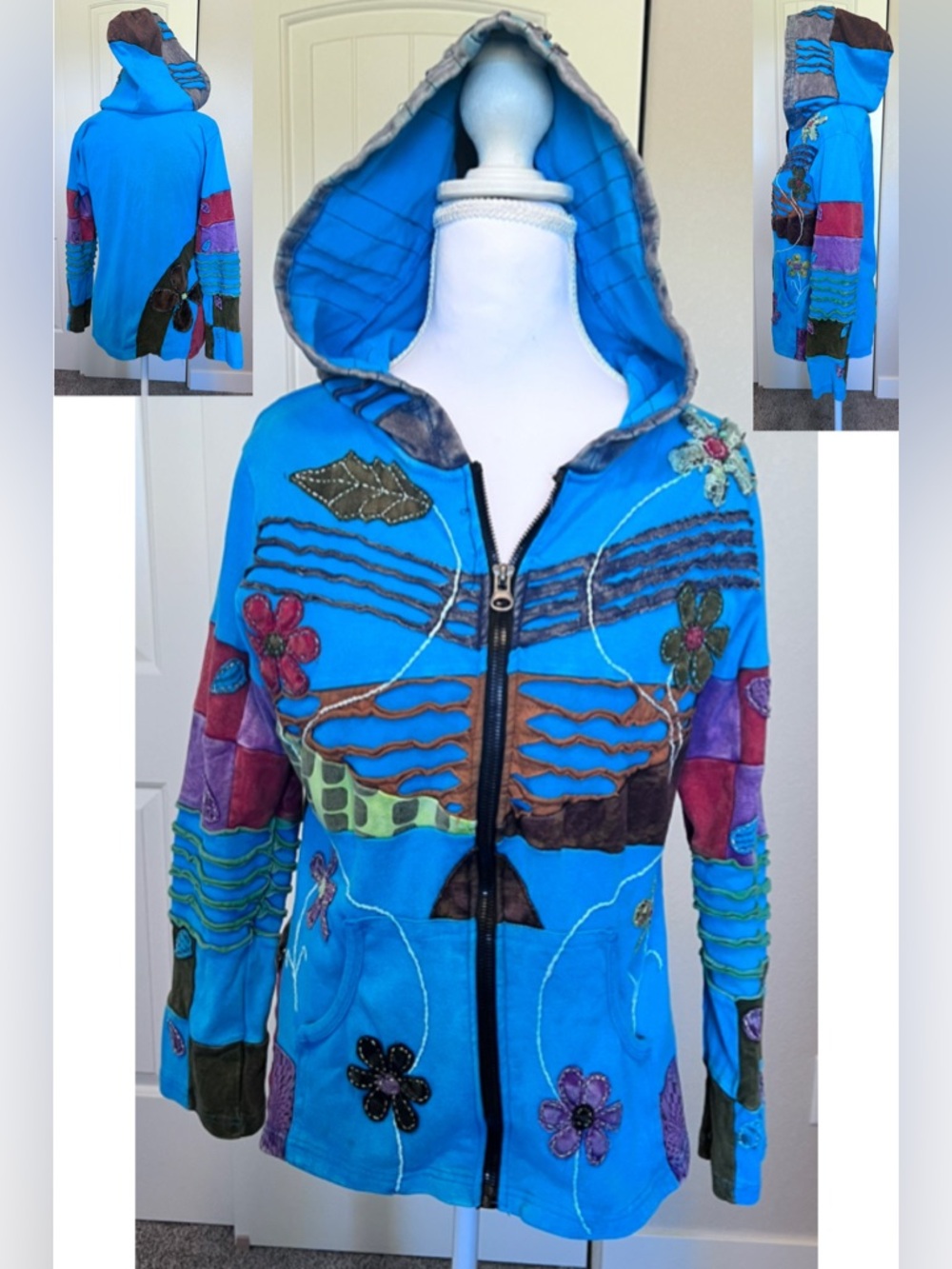 Rising International Hippie Hoodie Patchwork Flowers Handmade in Nepal Sz Large